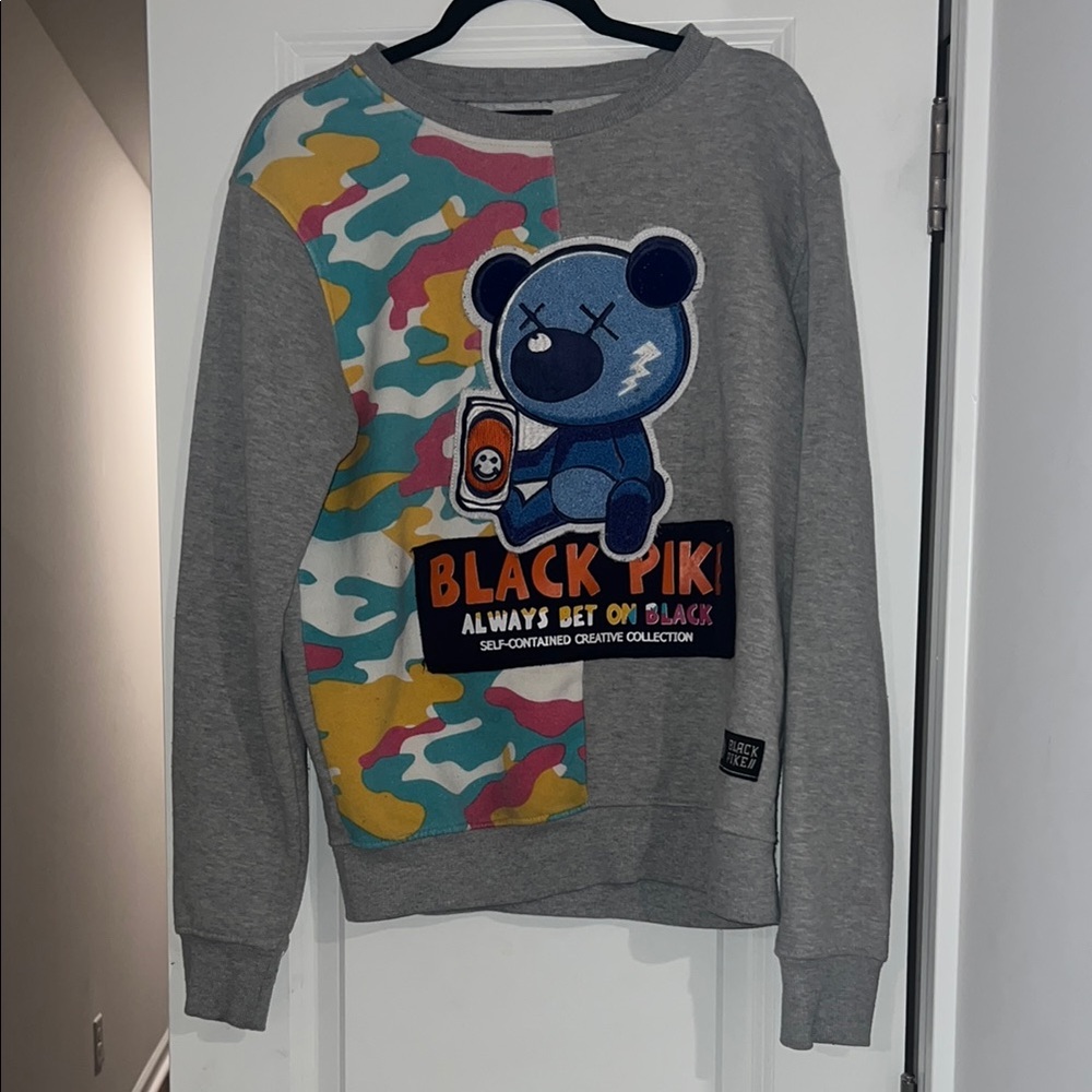 Black Pike Gray Sweatshirt with Colorful Bear Design streetwear Y2K urban Sz S